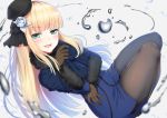  1girl :d bangs black_gloves black_headwear black_legwear blonde_hair blue_dress blunt_bangs dress eyebrows_visible_through_hair fate_(series) floating_hair flower gloves green_eyes hair_flower hair_ornament hat highres long_hair looking_at_viewer lord_el-melloi_ii_case_files open_mouth pantyhose primamiya reines_el-melloi_archisorte short_dress side_slit smile solo very_long_hair white_flower 