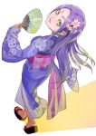  1girl earrings fan floating_hair flower full_body hair_flower hair_ornament head_tilt highres holding holding_fan japanese_clothes jewelry kimono kurokawa_eren long_hair looking_at_viewer looking_back moruga obi precure print_kimono purple_hair purple_kimono sash simple_background solo suite_precure very_long_hair walking white_background yellow_eyes yukata 