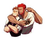  2boys bara beard blue_eyes blush brown_hair facial_hair fate/grand_order fate_(series) highres kendy_(revolocities) male_focus multiple_boys muscle napoleon_bonaparte_(fate/grand_order) open_mouth redhead rider_(fate/zero) shirt short_hair simple_background smile white_background yaoi 