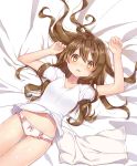  1girl arms_up bangs bed_sheet blush bow bow_panties breasts brown_eyes brown_hair collarbone commentary_request dutch_angle eyebrows_visible_through_hair fingernails frilled_panties frills goyain hair_between_eyes hair_spread_out highres long_hair lying no_pants on_back on_bed original panties parted_lips shirt short_sleeves small_breasts solo towel underwear very_long_hair white_panties white_shirt 