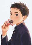  1boy b_gent blue_background brown_eyes brown_hair candy chocolate eating food from_side gakuran kitkat looking_at_viewer male_focus original school_uniform solo 