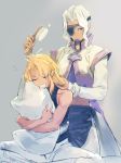  2boys bartholomew_fatima blonde_hair bomssp comb combing dark_skin dark_skinned_male drooling eyepatch hair_tie long_hair male_focus mouth_hold multiple_boys pillow pillow_hug sigurd_harcourt white_hair xenogears 