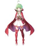  1girl ahoge boots braid brown_gloves cape dress fire_emblem fire_emblem:_kakusei fire_emblem_heroes fur_trim gloves green_hair highres long_hair mamkute nn_(fire_emblem) official_art pointy_ears red_cape red_footwear short_dress solo thigh-highs thigh_boots transparent_background twin_braids twintails 