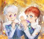  2boys albedo_piazzolla autumn blue_eyes bomssp child drooling eating food_in_mouth jr. leaf multiple_boys redhead star star-shaped_pupils symbol-shaped_pupils violet_eyes white_hair xenosaga younger 