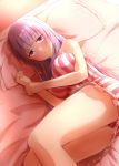  1girl bangs bare_shoulders bed blunt_bangs blush breasts commentary_request eyebrows_visible_through_hair feet_out_of_frame from_above large_breasts legs long_hair looking_at_viewer lying no_hat no_headwear on_side panties panty_peek patchouli_knowledge pillow purple_hair raised_eyebrows ram_hachimin shadow sleeveless solo striped striped_panties thighs touhou underwear very_long_hair violet_eyes 