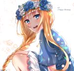  1girl :d alice_schuberg blonde_hair blue_eyes blue_flower blue_rose blue_shirt braided_ponytail eyebrows_visible_through_hair floating_hair flower from_side getsuyoubi hair_between_eyes hair_flower hair_ornament happy_birthday head_wreath highres long_hair looking_at_viewer miniskirt open_mouth ponytail rose shiny shiny_hair shirt short_sleeves sitting skirt smile solo sword_art_online very_long_hair white_background white_flower white_rose white_skirt 