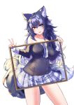  1girl absurdres animal_ear_fluff animal_ears bangs bare_legs bare_shoulders blue_eyes blue_hair boy_(pixiv17542438) breast_pocket breasts buttons collarbone covering cowboy_shot eyebrows_visible_through_hair fang gloves grey_wolf_(kemono_friends) hair_between_eyes hands_up heterochromia highres holding jacket kemono_friends long_hair long_sleeves looking_at_viewer multicolored_hair necktie nude open_mouth plaid plaid_neckwear plaid_skirt pocket simple_background skirt smile solo standing tail two-tone_hair v white_background white_gloves white_hair wolf_ears wolf_girl wolf_tail yellow_eyes 