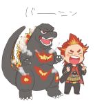  akai_suzaku cat chibi claws closed_eyes crossover godzilla godzilla:_king_of_the_monsters godzilla_(series) idolmaster idolmaster_side-m kaijuu male_focus multicolored_hair open_mouth redhead roknichi519 scales sharp_teeth sideburns simple_background spiky_hair steam tail teeth 