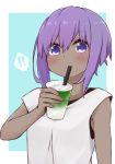  !! 1girl blue_background blush bubble_tea closed_mouth cup dark_skin disposable_cup drinking drinking_straw fate/prototype fate/prototype:_fragments_of_blue_and_silver fate_(series) hassan_of_serenity_(fate) holding holding_cup i.u.y looking_at_viewer purple_hair shirt sleeveless sleeveless_shirt solo two-tone_background upper_body violet_eyes white_background white_shirt 