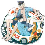  2boys akutsu_mabu blonde_hair collared_shirt glasses green_eyes grey_hair hand_up hat leg_hug looking_at_viewer male_focus multiple_boys niiboshi_reo open_clothes open_shirt police police_hat police_uniform policeman sarazanmai sharp_teeth shirt short_sleeves shorts sitting smile tan teeth uniform wheel white_background yaoi 