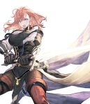  1girl bangs belt breasts fighting_stance gauntlets gloves highres holding holding_sword holding_weapon jun_(seojh1029) large_breasts long_sleeves open_mouth orange_eyes orange_hair original puffy_sleeves shouting simple_background solo sword upper_body weapon white_background wind 