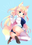  1girl animal_ear_fluff animal_ears ass bangs blonde_hair blue_background blue_eyes blue_swimsuit blush bow breasts brown_footwear commentary_request drawstring eyebrows_visible_through_hair fox_ears fox_girl fox_shadow_puppet fox_tail fuuna_thise hair_between_eyes hair_bow hair_intakes hand_up hood hood_down hooded_jacket jacket large_breasts loafers long_hair new_school_swimsuit one-piece_swimsuit open_clothes open_jacket original school_swimsuit shoe_soles shoes sidelocks simple_background solo swimsuit tail thigh-highs two_side_up very_long_hair white_bow white_jacket white_legwear 