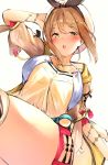  1girl atelier_(series) atelier_ryza belt blush breasts brown_eyes brown_hair hair_ornament hairclip hat highres jewelry looking_at_viewer necklace open_mouth red_shorts reisalin_stout reno_0901 short_shorts shorts solo star thigh-highs thighs yellow_eyes 