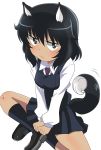  1girl andou_(girls_und_panzer) animal_ears bc_freedom_school_uniform belt belt_buckle black_hair black_legwear blush buckle dark_skin girls_und_panzer highres light_frown long_sleeves looking_to_the_side medium_hair messy_hair motion_lines necktie pleated_skirt school_uniform shirt simple_background skirt solo tail thighs vest wakku_kan white_background white_shirt 