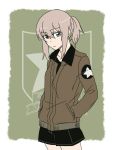  1girl alternate_hairstyle bangs blue_eyes collarbone emblem eyebrows_visible_through_hair girls_und_panzer hand_in_pocket head_tilt itsumi_erika jacket light_frown long_hair looking_at_viewer ponytail saunders_(emblem) saunders_military_uniform short_shorts shorts silver_hair solo thighs tied_hair torinone 