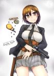  1girl belt breasts brown_eyes brown_hair colt_1860_army commentary corset eyebrows_visible_through_hair gun handgun highres holding holding_gun holding_weapon holster large_breasts original revolver school_uniform short_hair simple_background solo tokihama_jirou trigger_discipline weapon 