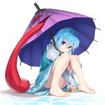  1girl ass asutora bangs barefoot blue_eyes blue_hair blue_skirt blue_vest commentary_request convenient_leg eyebrows_visible_through_hair full_body hair_between_eyes heterochromia juliet_sleeves knees_up long_sleeves looking_at_viewer puffy_sleeves purple_umbrella red_eyes shadow shirt short_hair simple_background sitting skirt smile solo tatara_kogasa thighs tongue touhou umbrella vest water white_background white_shirt 