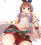 1girl atelier_(series) atelier_ryza belt breasts brown_eyes brown_hair from_below hair_ornament hairclip hat jewelry katuo1129 looking_at_viewer medium_breasts midriff navel necklace red_shorts reisalin_stout short_shorts shorts simple_background solo star thigh-highs thighs white_background white_headwear white_legwear 