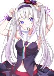  .live adjusting_hair armpits breasts carro_pino collarbone commentary_request headband long_hair looking_at_viewer medium_breasts motsunuki navel purple_hair silver_hair simple_background sleeveless virtual_youtuber white_background 