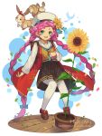  1girl :d animal artist_name bangs beret blue_eyes blue_flower blue_neckwear bow braid brown_footwear brown_shirt brown_skirt commentary dragalia_lost flower green_footwear hat hentaki jacket long_sleeves looking_at_viewer low_twintails maribelle_(dragalia_lost) open_clothes open_jacket open_mouth pantyhose pink_hair plaid plaid_skirt plant pleated_skirt potted_plant rabbit red_bow red_jacket round_teeth sailor_collar school_uniform serafuku shirt shoes short_eyebrows skirt smile solo squirrel sunflower teeth thick_eyebrows twin_braids twintails upper_teeth watermark web_address white_headwear white_legwear white_sailor_collar yellow_flower 