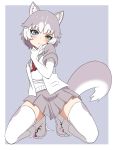  1girl animal_ear_fluff animal_ears blue_eyes boots commentary dog_(mixed_breed)_(kemono_friends) dog_ears dog_tail elbow_gloves eyebrows_visible_through_hair finger_to_mouth full_body fur-trimmed_boots fur-trimmed_sleeves fur_trim gloves grey_background grey_hair grey_skirt head_tilt heterochromia ilyfon133 kemono_friends looking_at_viewer multicolored_hair short_sleeves simple_background sitting skirt solo tail thigh-highs two-tone_hair white_gloves white_hair white_legwear yellow_eyes 