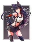  1girl animal_ears black_hair black_legwear black_skirt blake_belladonna breasts cat_ears cat_tail cosplay crop_top earrings final_fantasy final_fantasy_vii fingerless_gloves gloves highres iesupa jewelry long_hair midriff miniskirt navel rwby skirt solo sports_bra suspender_skirt suspenders tail tank_top thigh-highs tifa_lockhart tifa_lockhart_(cosplay) yellow_eyes 