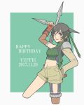  1girl 2017 bangs black_hair breasts brown_eyes brown_gloves character_name crop_top cropped_legs eyebrows_visible_through_hair final_fantasy final_fantasy_vii fingerless_gloves fishnet_legwear fishnets gloves hand_on_hip happy_birthday headband highres holding holding_weapon looking_at_viewer medium_breasts open_fly short_hair shorts shuriken single_thighhigh smile solo thigh-highs toufu_(toufu_53) turtleneck weapon yuffie_kisaragi 