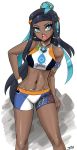  1girl absurdres armlet black_hair blue_eyes blue_hair dark_skin gloves hair_bun highres jewelry john_joseco navel necklace pokemon pokemon_(game) pokemon_swsh ponytail rurina_(pokemon) short_shorts shorts sports_bra sportswear 