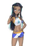  1girl armlet athenawyrm black_hair blue_eyes blue_hair dark_skin gloves hair_bun highres jewelry navel pokemon pokemon_(game) pokemon_swsh ponytail rurina_(pokemon) single_glove sportswear 