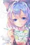  1girl artist_name blouse blue_bow blue_dress blue_eyes blue_hair blush bow cirno commentary_request dress dress_shirt eyebrows_visible_through_hair eyelashes food fruit hair_bow highres holding ice ice_cream ice_cream_cup ice_cream_spoon ice_wings lemon licking_lips looking_at_viewer puffy_short_sleeves puffy_sleeves red_ribbon ribbon shirt short_hair short_sleeves simple_background solo spoon tongue tongue_out touhou tuanz upper_body water_drop watermark white_background white_blouse white_shirt wings 