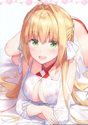  1girl :d absurdres ahoge bikini blonde_hair blush braid breasts criss-cross_halter fate/grand_order fate_(series) green_eyes hair_intakes half_updo halterneck highres large_breasts legs_together long_hair looking_at_viewer lying masuishi_kinoto nero_claudius_(fate)_(all) nero_claudius_(swimsuit_caster)_(fate) on_stomach open_mouth red_bikini scan sidelocks smile solo striped striped_bikini swimsuit 