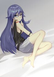  1girl absurdres barefoot bed_sheet black_shirt blue_eyes blue_hair bra_strap bracelet closed_mouth eyebrows_visible_through_hair frown fu_hua grey_background grey_shorts hair_between_eyes highres honkai_(series) honkai_impact_3rd jewelry long_hair looking_at_viewer off_shoulder shiny shiny_hair shirt short_shorts shorts sitting sleeveless sleeveless_shirt solo very_long_hair xie_wang 