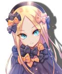  &gt;:) 1girl abigail_williams_(fate/grand_order) bangs black_bow black_dress black_headwear blonde_hair blue_eyes bow bug butterfly closed_mouth commentary_request dress drop_shadow fate/grand_order fate_(series) forehead hair_bow hat insect long_hair looking_at_viewer nasaniliu orange_bow parted_bangs polka_dot polka_dot_bow smile solo v-shaped_eyebrows very_long_hair white_background 
