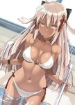  1girl ahoge bikini black_ribbon breasts commentary_request dark_skin fate/grand_order fate_(series) feet_out_of_frame front-tie_bikini front-tie_top grey_eyes hair_ribbon highres koha-ace large_breasts long_hair looking_at_viewer okita_souji_(alter)_(fate) okita_souji_(fate)_(all) oota_yuuichi open_mouth pool ribbon side-tie_bikini solo swimsuit thighs very_long_hair wading water wet white_bikini white_hair wristband 