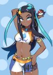  1girl arm_up black_hair blue_eyes blue_hair blush cowboy_shot dark_skin gloves hand_on_hip highres hori_shin midriff multicolored_hair navel poke_ball pokemon pokemon_(game) pokemon_swsh rurina_(pokemon) shorts single_glove solo sports_bra two-tone_hair 