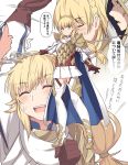  1boy 1girl armor black_gloves blonde_hair blush boots braid cape eyebrows_visible_through_hair fire_emblem fire_emblem_heroes full_body gloves green_eyes hair_ornament holding holding_weapon intelligent_systems long_hair looking_at_viewer multiple_views nintendo open_mouth sharena shiseki_hirame shoulder_plates smile speech_bubble thigh-highs upper_teeth weapon white_legwear 