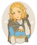  1girl bangs braid cape crown_braid fingerless_gloves gloves green_eyes hair_ornament hairclip highres jivke looking_at_viewer open_mouth parted_bangs pointy_ears princess_zelda short_hair smile solo sparkle the_legend_of_zelda the_legend_of_zelda:_breath_of_the_wild_2 thick_eyebrows upper_body 