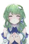  1girl ^_^ bangs bare_shoulders blush breasts closed_eyes commentary_request detached_sleeves eyebrows_visible_through_hair facing_viewer frog_hair_ornament gradient gradient_background green_hair grey_background hair_between_eyes hair_ornament hair_tubes hands_on_own_chest kiss_day kochiya_sanae long_hair long_sleeves medium_breasts parted_lips shirt single_sidelock snake_hair_ornament solo syuri22 touhou upper_body white_background white_shirt 