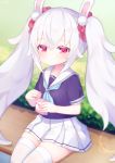  1girl alternate_costume animal_ears azur_lane bangs blue_neckwear blush closed_mouth commentary_request day drinking_straw eyebrows_visible_through_hair fake_animal_ears hair_between_eyes hair_ornament hair_scrunchie holding koko_ne_(user_fpm6842) laffey_(azur_lane) long_hair neckerchief outdoors pleated_skirt purple_shirt rabbit_ears red_eyes red_scrunchie sailor_collar school_uniform scrunchie serafuku shirt short_sleeves silver_hair sitting skirt solo thigh-highs twintails very_long_hair white_legwear white_sailor_collar white_skirt 