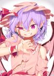  absurdres bat_wings blue_hair bracelet fang fangs gunjou_row hat highres jewelry looking_at_viewer mob_cap pointy_ears red_eyes remilia_scarlet short_hair simple_background smile torn_clothes touhou white_background wings 