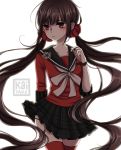  1girl artist_name bangs black_hair blunt_bangs dangan_ronpa english_commentary eyebrows_visible_through_hair flower hair_ornament harukawa_maki kaiyakii long_hair low_twintails mole mole_under_eye new_dangan_ronpa_v3 pleated_skirt red_eyes red_legwear red_scrunchie red_shirt school_uniform scrunchie serafuku shirt simple_background skirt solo thigh-highs twintails very_long_hair watermark 