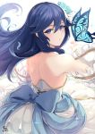  1girl back bangs bare_shoulders blue_eyes blue_hair blush bouquet bride bride_(fire_emblem) bug butterfly dress fire_emblem fire_emblem:_kakusei fire_emblem_musou flower hair_between_eyes hair_flower hair_ornament highres insect intelligent_systems long_hair looking_at_viewer lucina moe nakabayashi_zun nintendo simple_background solo strapless strapless_dress tiara veil wedding wedding_dress white_dress 