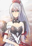  1girl blue_eyes breasts closed_mouth commentary_request eyebrows_visible_through_hair gradient_eyes gun holding holding_gun holding_weapon lace long_hair looking_at_viewer multicolored multicolored_eyes simple_background solo solo_focus tales_of_(series) tales_of_arise weapon white_hair 