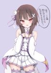  1girl absurdres blush brown_hair cosplay emilia_(re:zero) emilia_(re:zero)_(cosplay) eyebrows_visible_through_hair flower frilled_sleeves frills hair_flower hair_ornament hair_ribbon hands_on_own_chest highres kamu_(geeenius) kono_subarashii_sekai_ni_shukufuku_wo! long_hair long_sleeves looking_at_viewer megumin miniskirt open_mouth pink_background pleated_skirt purple_ribbon re:zero_kara_hajimeru_isekai_seikatsu red_eyes ribbon seiyuu_connection shoulder_cutout skirt solo takahashi_rie thigh-highs white_skirt wide_sleeves zettai_ryouiki 