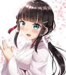  1girl :d absurdres bangs black_hair blue_eyes blunt_bangs eyebrows_visible_through_hair floating_hair hair_ornament hands_together highres japanese_clothes kimono kurosawa_dia long_hair long_sleeves love_live! love_live!_sunshine!! miko mole mole_under_mouth open_mouth shiny shiny_hair sidelocks sin_(sin52y) smile solo upper_body very_long_hair white_background white_kimono 