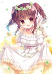  1girl :d animal animal_on_shoulder bare_shoulders blush breasts brown_eyes brown_hair bunny_on_shoulder clover collarbone commentary_request dress flower flower_wreath four-leaf_clover head_wreath looking_at_viewer off_shoulder open_mouth original puffy_short_sleeves puffy_sleeves rabbit short_sleeves sidelocks skirt_hold small_breasts smile solo twintails white_background white_dress white_flower yellow_flower yukie_(peach_candy) 