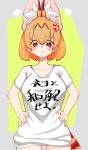  1girl :t anger_vein blush breasts brown_eyes brown_hair hair_between_eyes hands_on_hips highres kemono_friends large_breasts notora serval_(kemono_friends) shirt short_hair solo steam_from_ears t-shirt 