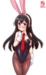  1girl alternate_costume animal_ears artist_logo ass_visible_through_thighs black_hair black_leotard blush breasts brown_legwear bunnysuit commentary_request cowboy_shot dated detached_collar embarrassed glasses gloves green_eyes highres kanon_(kurogane_knights) kantai_collection leotard long_hair looking_at_viewer necktie ooyodo_(kantai_collection) pantyhose rabbit_ears red_neckwear semi-rimless_eyewear simple_background small_breasts solo strapless strapless_leotard thigh_gap under-rim_eyewear white_background white_gloves 