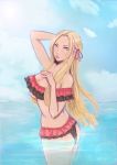  1girl akiratang ass bikini bikini_skirt blue_eyes breasts butt_crack clouds cute edelgard_von_hresvelg edelgard_von_hresvelgr_(fire_emblem) fire_emblem fire_emblem:_three_houses fire_emblem:_three_houses fire_emblem_heroes hair_ribbon intelligent_systems large_breasts long_hair looking_at_viewer nintendo outdoors parted_lips partially_submerged ribbon sky solo summer super_smash_bros. surreal underboob water 