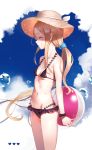  1girl abigail_williams_(fate/grand_order) ball bangs bare_arms bare_shoulders beachball bikini black_bikini blonde_hair blue_scrunchie blue_sky breasts brown_headwear closed_eyes clouds collarbone commentary_request day fate/grand_order fate_(series) forehead grin groin hair_ornament hair_scrunchie hat heart highres holding holding_ball long_hair low_ponytail navel outdoors parted_bangs polka_dot polka_dot_bikini ponytail profile scrunchie sky small_breasts smile solo straw_hat swimsuit very_long_hair yukiyama_momo 